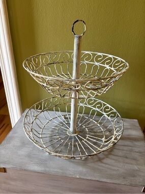 Two-Tier Decorative Metal Stand in Distressed White